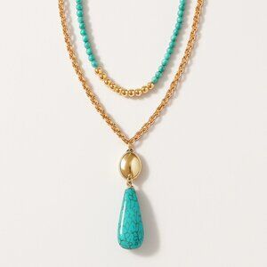 Calvin Klein Gold Plated Layered Necklace w/ Turquoise Beads & Pendant – Jewelry